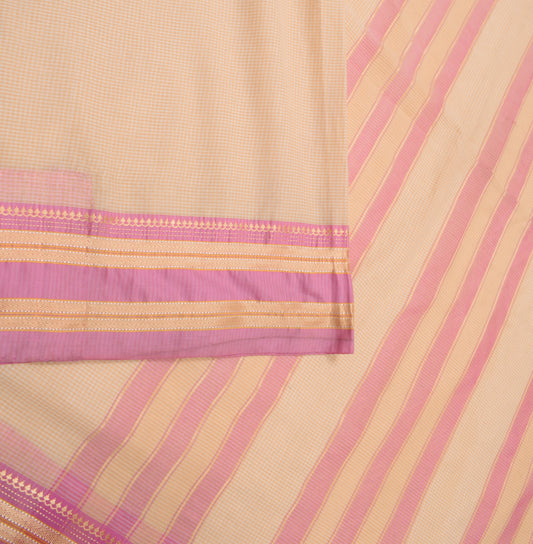 Sushila Vintage Cream Checks Saree Stripes Border Art Cotton Sari 6 Yard Fabric