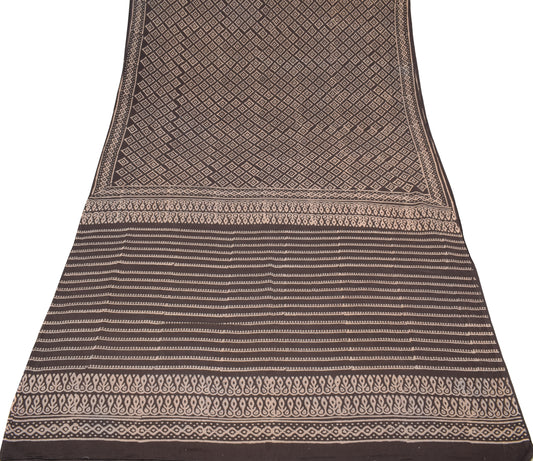 Sushila Vintage Dark Brown Saree Pure Cotton Hand Block Printed 6YD Sari Soft Fabric