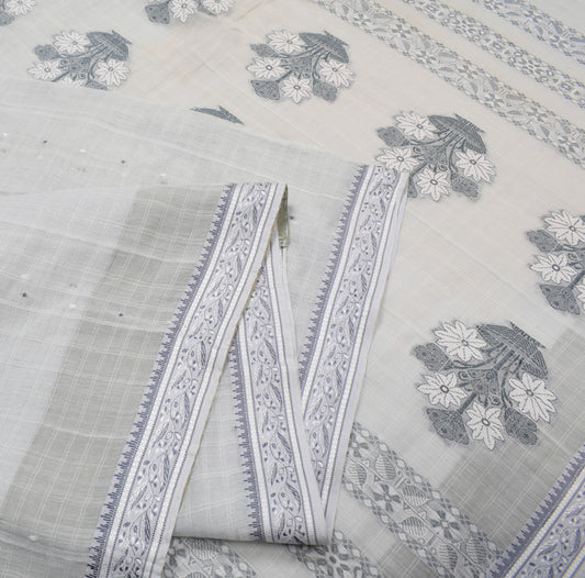 Sushila Vintage Gray Saree Pure Cotton Floral Woven Soft Sari Fabric