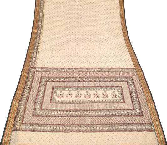 Sushila Vintage Floral Printed Saree Woven Border Art Cotton Beige Sari Fabric
