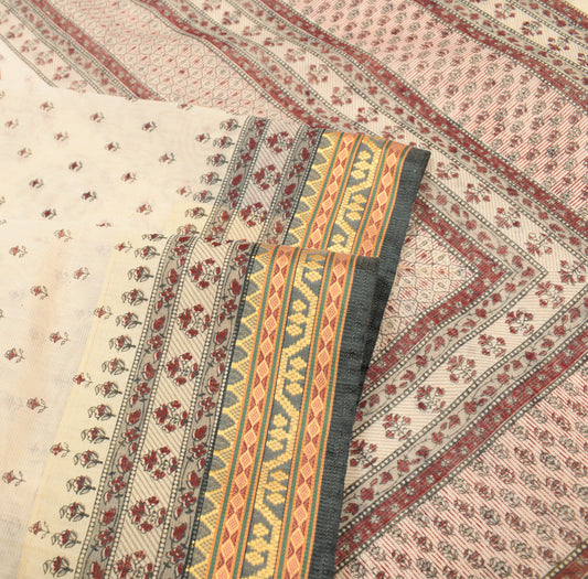 Sushila Vintage Floral Printed Saree Woven Border Art Cotton Beige Sari Fabric