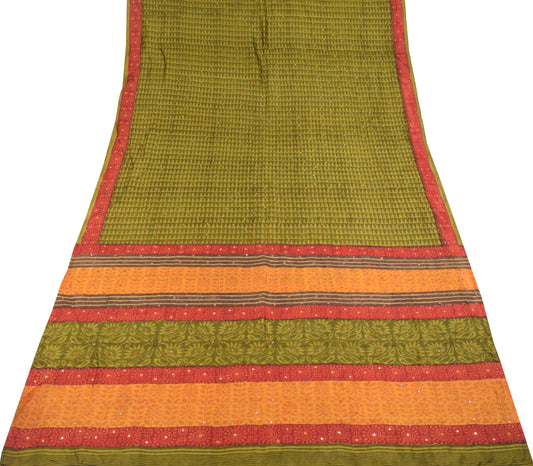Sushila Vintage Green Saree Pure Silk Mirror Work Printed Sari Craft Fabric