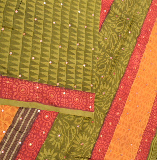 Sushila Vintage Green Saree Pure Silk Mirror Work Printed Sari Craft Fabric