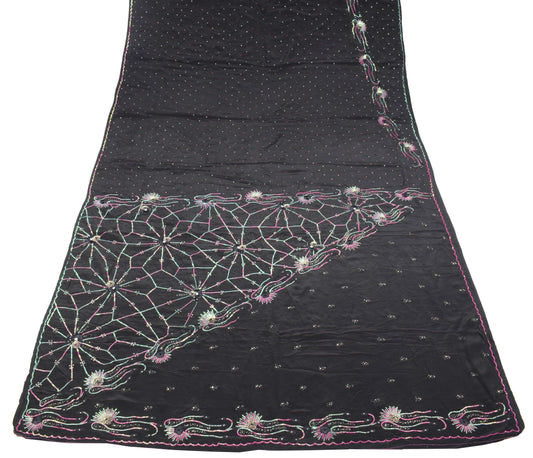 Sushila Vintage Black Saree Pure Crepe Silk Sequins Embellish Soft Sari Fabric