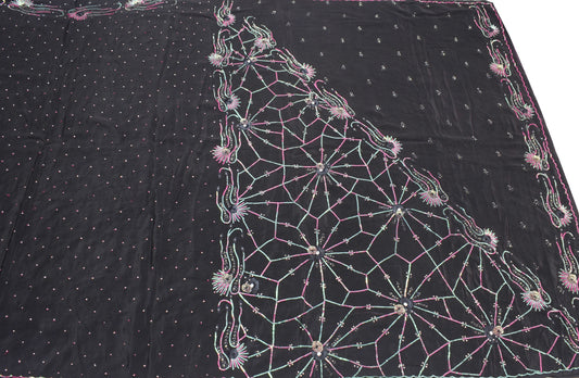Sushila Vintage Black Saree Pure Crepe Silk Sequins Embellish Soft Sari Fabric