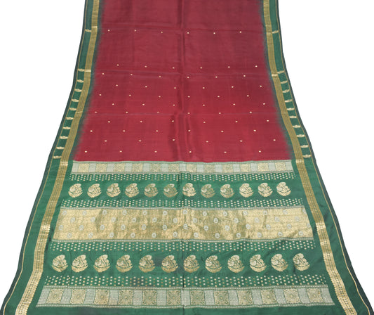 Sushila Vintage Maroon Pure Silk Saree Contrasted Green Zari Border and Pallu Sari Fabric