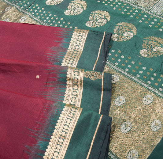 Sushila Vintage Maroon Pure Silk Saree Contrasted Green Zari Border and Pallu Sari Fabric