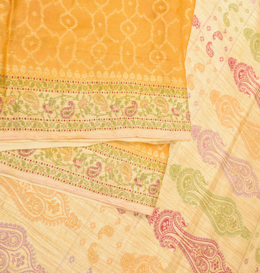 Sushila Vintage Yellow Saree Pure Tussar Silk Resham Woven Soft Sari Fabric