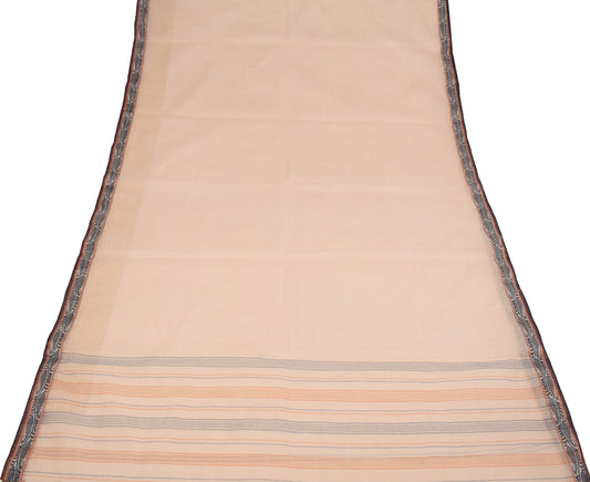 Sushila Vintage Cream Pure Cotton Saree Stripes & Paisley Woven Sari Fabric