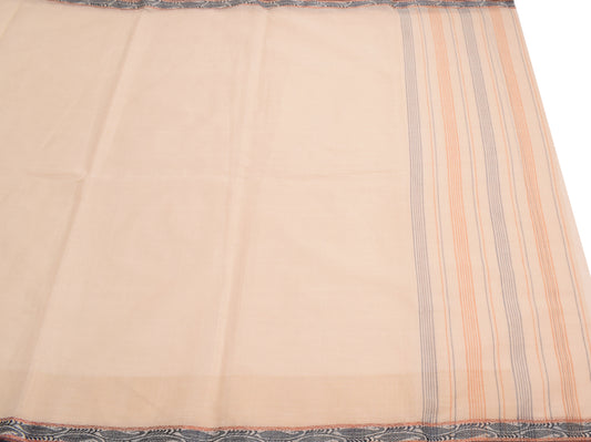 Sushila Vintage Cream Pure Cotton Saree Stripes & Paisley Woven Sari Fabric