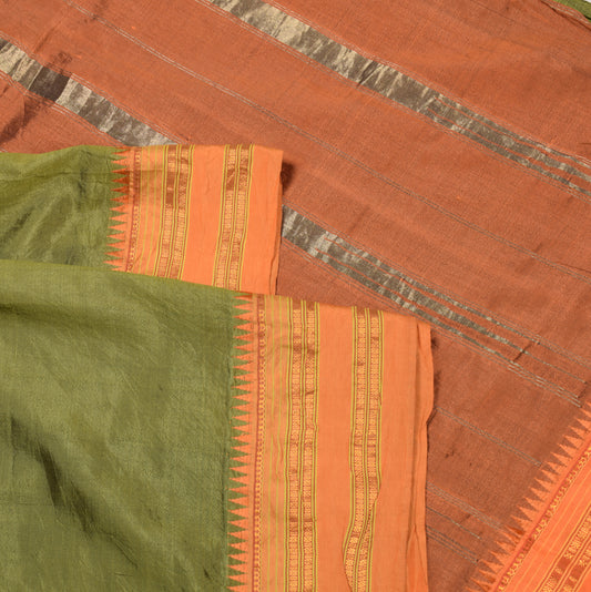 Sushila Vintage Green Narayanpet Saree 6Yard Handloom Silk Sari Contrast Pallu