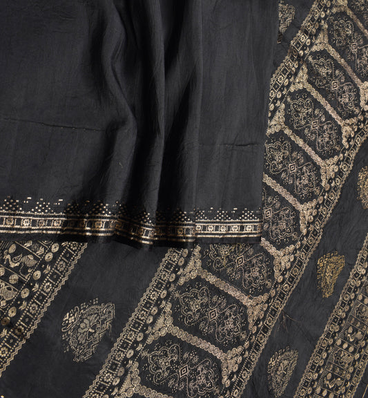 Sushila Vintage Black Zari Brocade Saree Pure Silk HEAVY Sari Craft Fabric