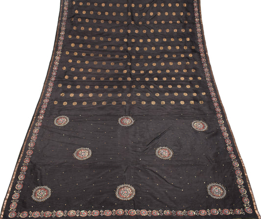 Sushila Vintage Black Pure Silk Saree Sequins Embellish Mandala Sari Craft Fabric