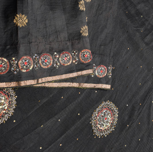 Sushila Vintage Black Pure Silk Saree Sequins Embellish Mandala Sari Craft Fabric