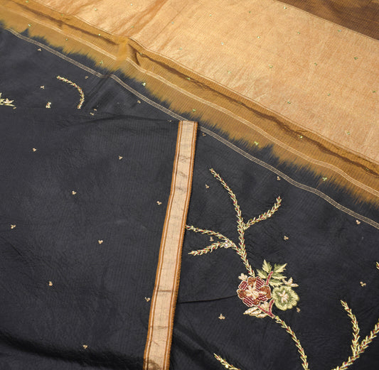 Sushila Vintage Black Saree Pure Silk Embroidered Floral Sari Craft Fabric