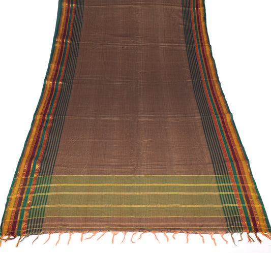 Sushila Vintage Brown Narayanpet Saree Pure Cotton Zari Woven 6YD Sari Fabric