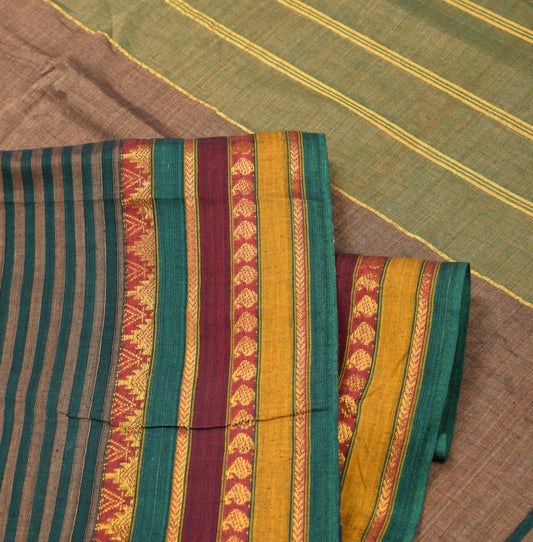 Sushila Vintage Brown Narayanpet Saree Pure Cotton Zari Woven 6YD Sari Fabric