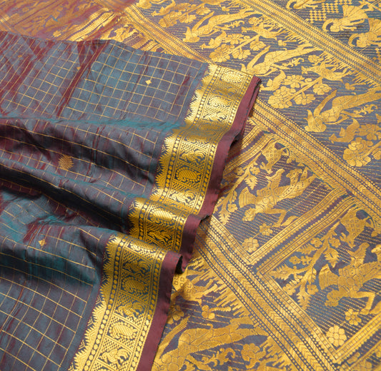 Sushila Vintage Pure Kanchipuram Silk Saree Teal Blue Gold Zari HEAVY Sari Fabric
