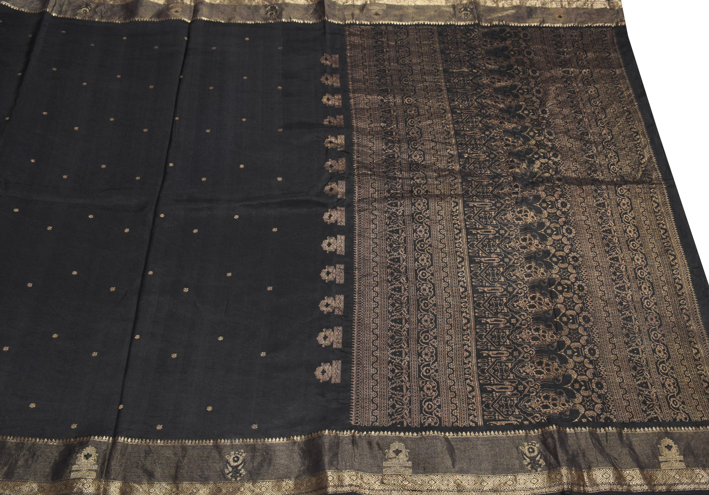 Sushila Vintage Black Zari Brocade Saree Pure Silk HEAVY 5YD Sari Craft Fabric