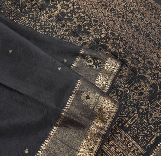 Sushila Vintage Black Zari Brocade Saree Pure Silk HEAVY 5YD Sari Craft Fabric