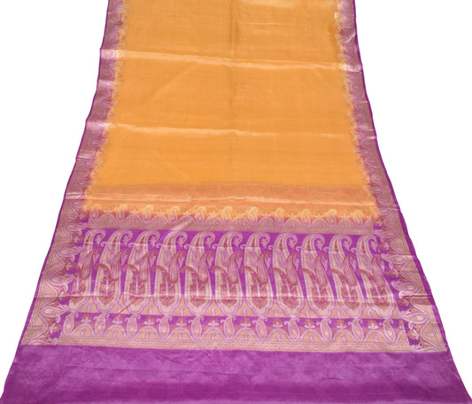 Sushila Vintage Mustard Purple Saree Pure Tussar Silk Woven 6YD Sari Blouse Fabric