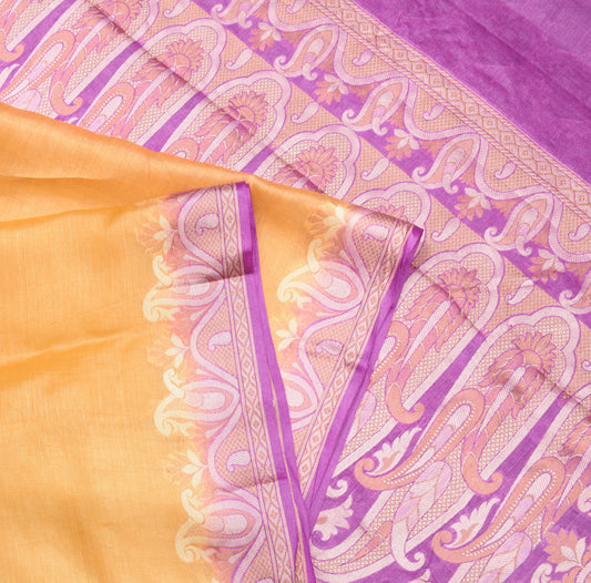 Sushila Vintage Mustard Purple Saree Pure Tussar Silk Woven 6YD Sari Blouse Fabric