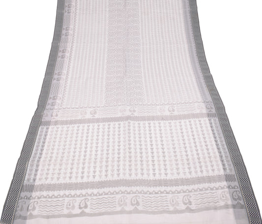 Sushila Vintage White Saree Art Cotton Printed & Woven Sari Craft Fabric