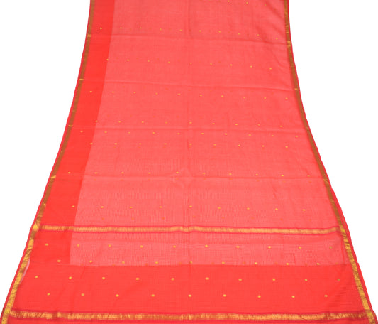 Sushila Vintage Red Saree Pure Cotton Silk Gold Zari Brocade Sari Fabric