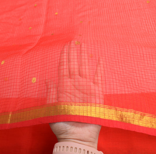 Sushila Vintage Red Saree Pure Cotton Silk Gold Zari Brocade Sari Fabric