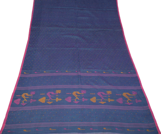Sushila Vintage Bengal Tant Woven Saree Pure Cotton Blue Handloom Sari Fabric