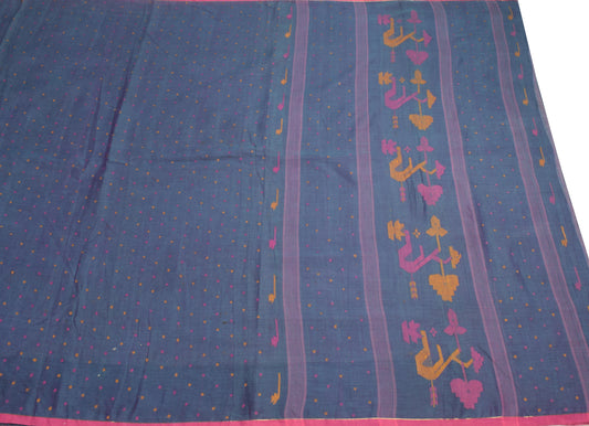 Sushila Vintage Bengal Tant Woven Saree Pure Cotton Blue Handloom Sari Fabric