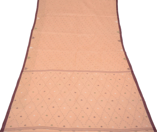 Sushila Vintage Bengal Tant Woven Saree Pure Handloom Cotton Peach Sari Fabric