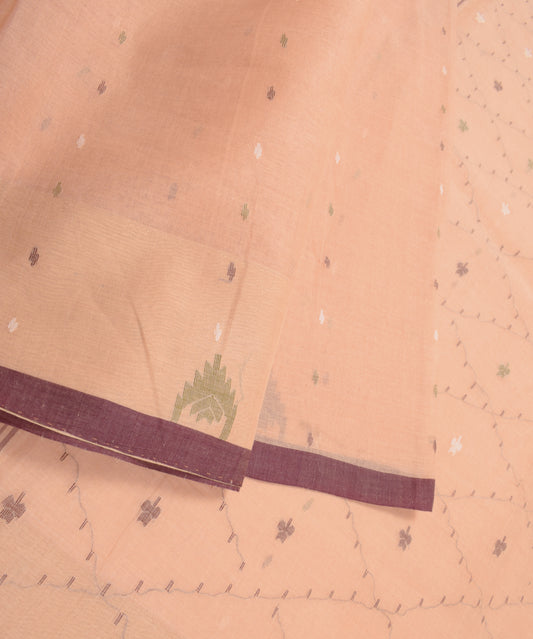 Sushila Vintage Bengal Tant Woven Saree Pure Handloom Cotton Peach Sari Fabric