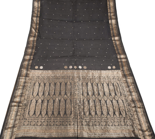 Sushila Vintage Black Pure Silk Saree Gold Silver Zari Brocade Kanjivaram Sari Fabric