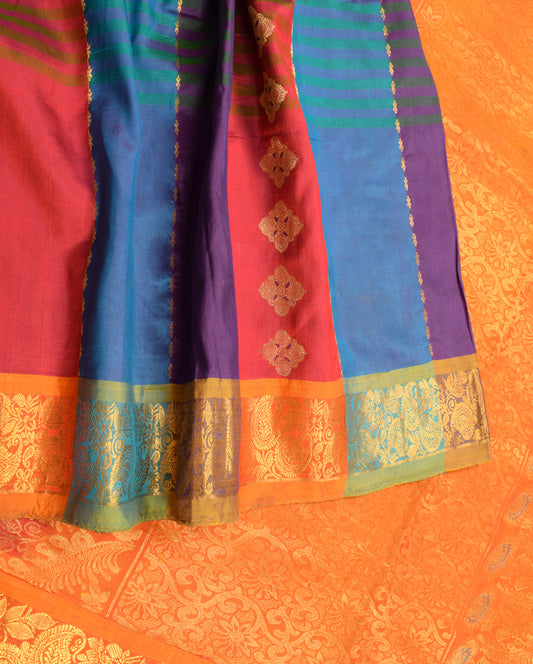 Sushila Vintage Pure Kanjivaram Silk Saree Multi-Color Stripes Woven HEAVY Sari Fabric