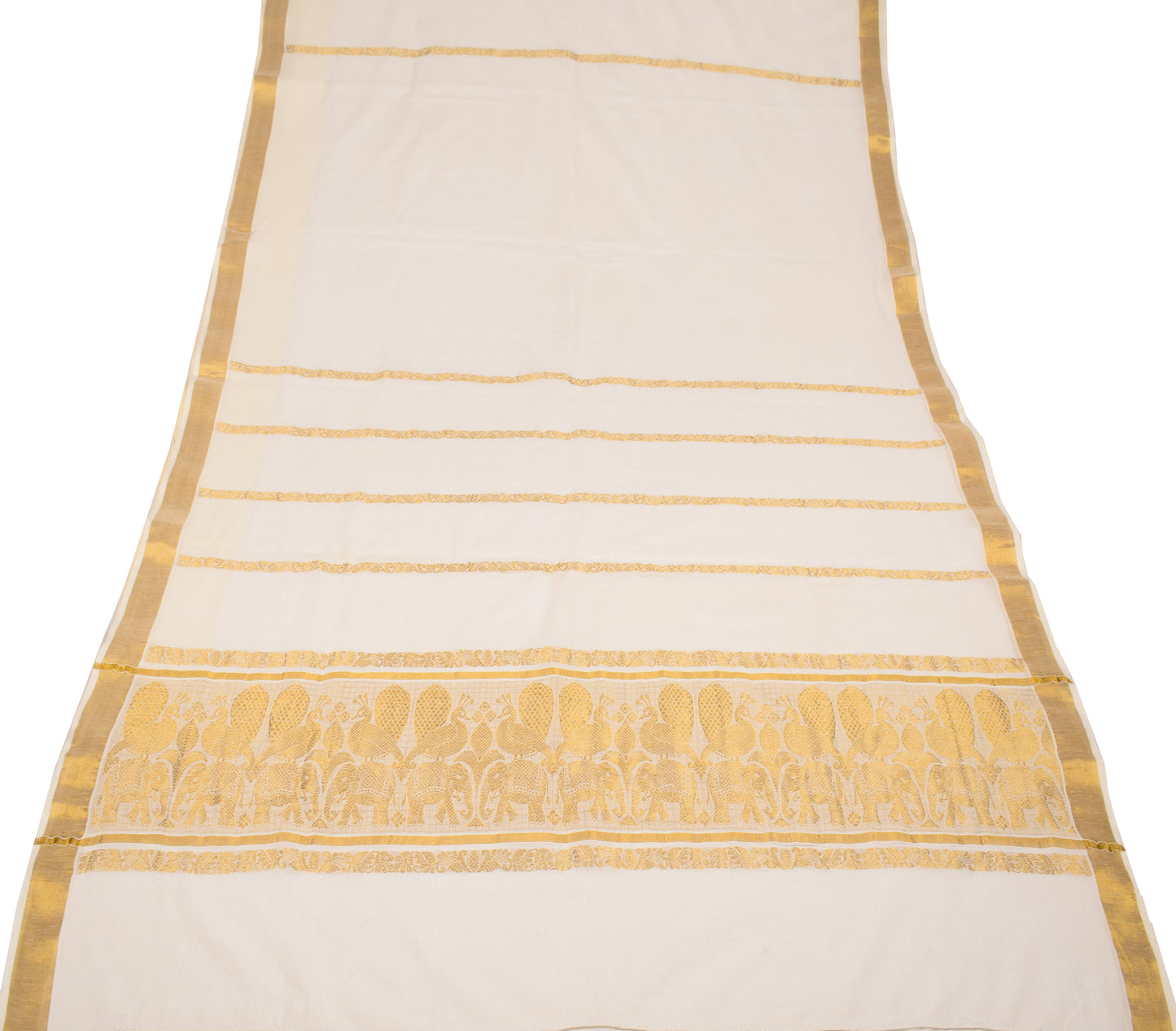 Sushila Vintage Kerala Kasavu Pure Cotton Saree Gold Zari Brocade Cream Sari Fabric