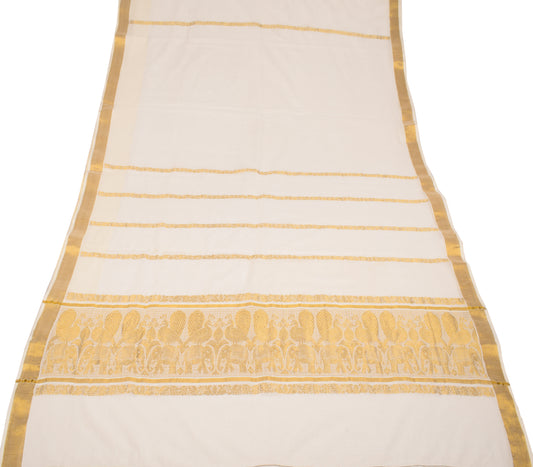 Sushila Vintage Kerala Kasavu Pure Cotton Saree Gold Zari Brocade Cream Sari Fabric