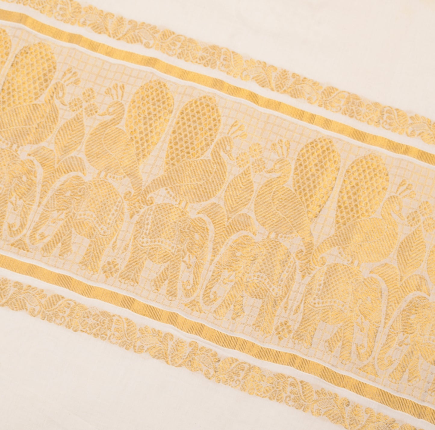 Sushila Vintage Kerala Kasavu Pure Cotton Saree Gold Zari Brocade Cream Sari Fabric