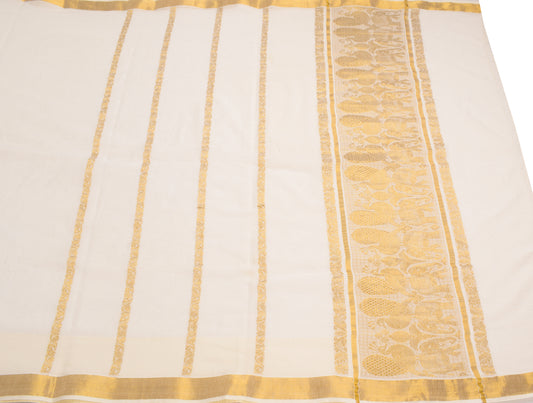 Sushila Vintage Kerala Kasavu Pure Cotton Saree Gold Zari Brocade Cream Sari Fabric
