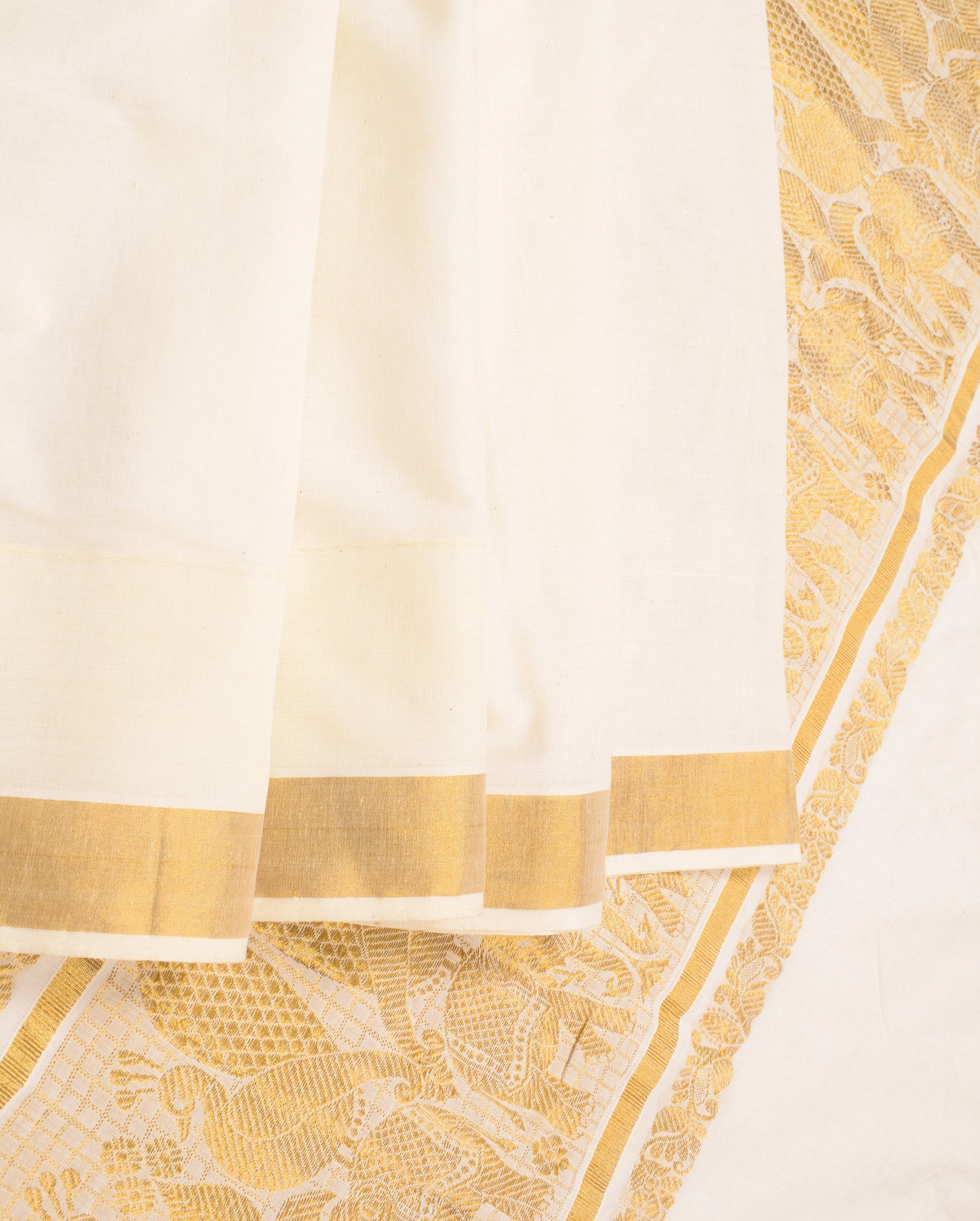 Sushila Vintage Kerala Kasavu Pure Cotton Saree Gold Zari Brocade Cream Sari Fabric