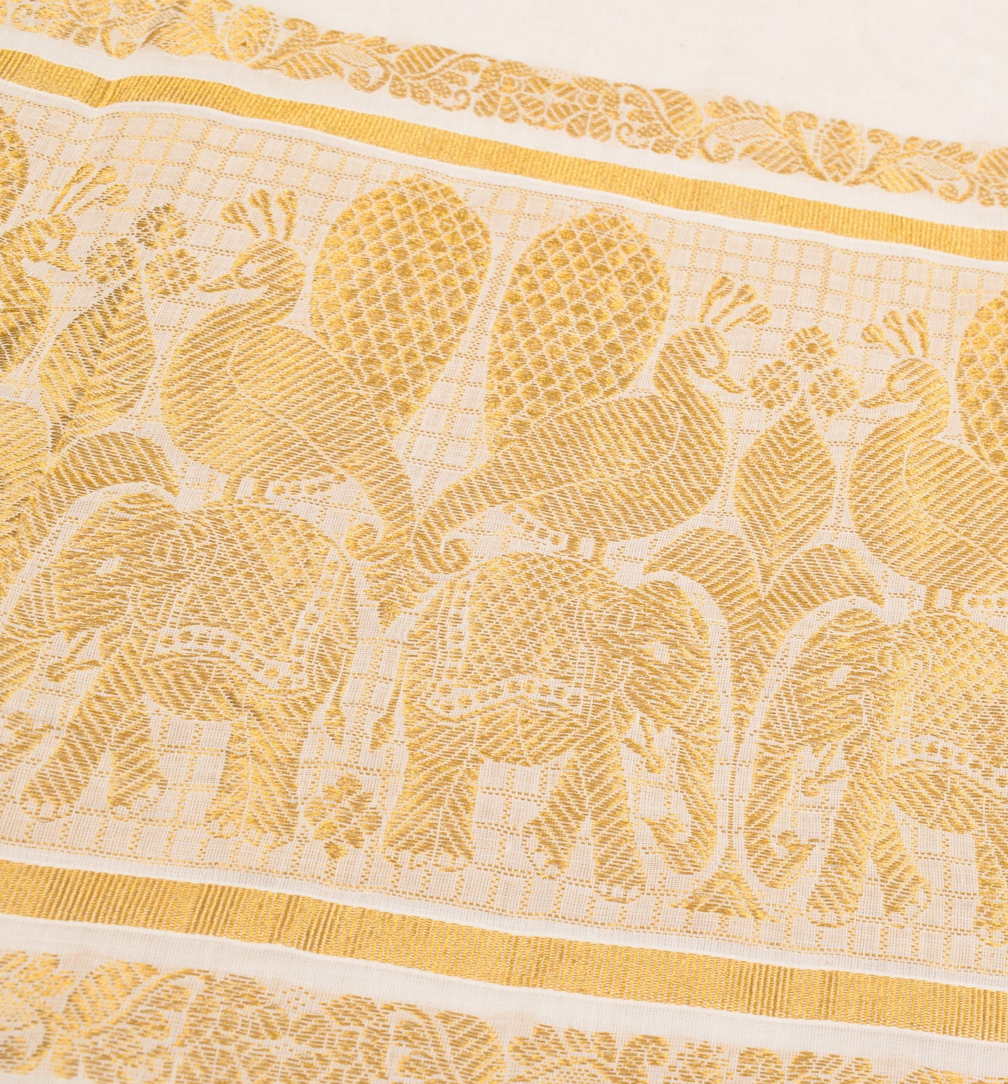 Sushila Vintage Kerala Kasavu Pure Cotton Saree Gold Zari Brocade Cream Sari Fabric