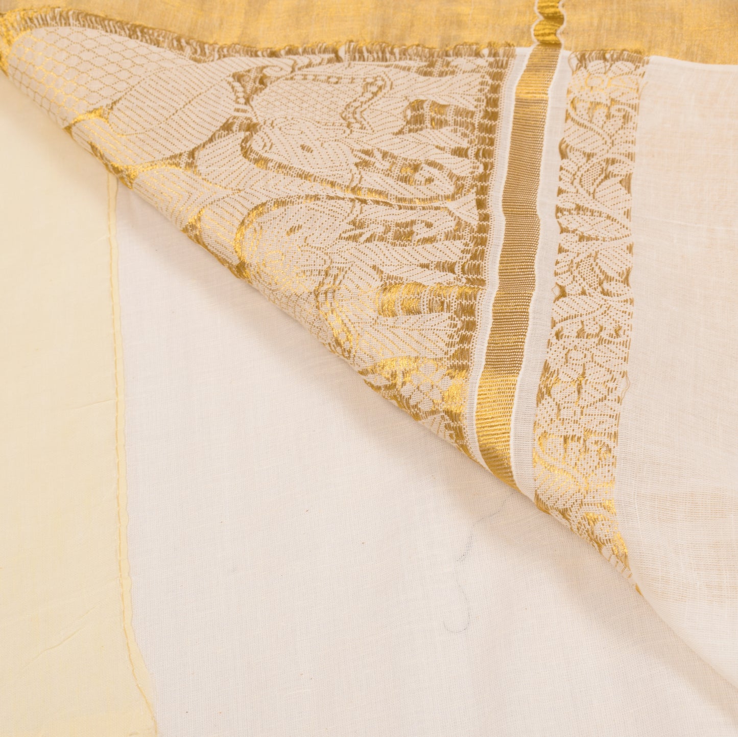 Sushila Vintage Kerala Kasavu Pure Cotton Saree Gold Zari Brocade Cream Sari Fabric