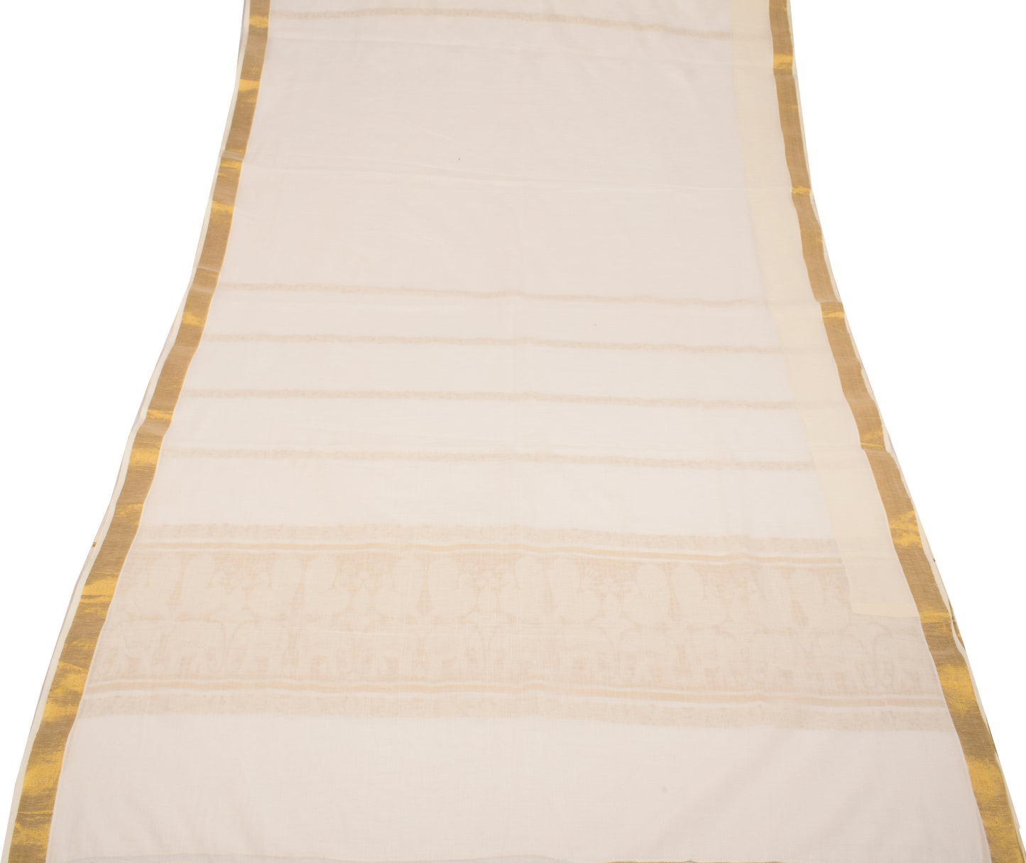 Sushila Vintage Kerala Kasavu Pure Cotton Saree Gold Zari Brocade Cream Sari Fabric