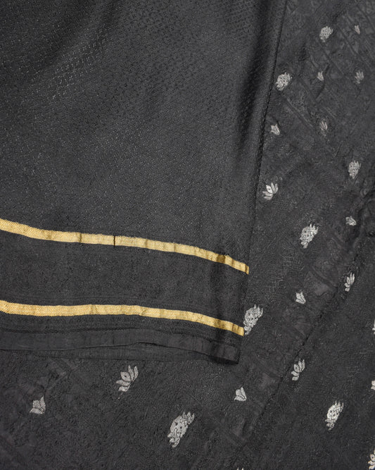Sushila Vintage Pure Silk Black Saree Resham Zari Brocade Soft Sari Fabric