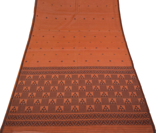 Sushila Vintage Rust Hand Woven Saree Geometrical Pure Cotton Sari Fabric