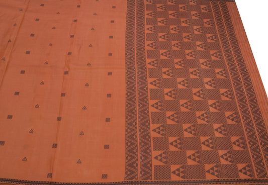 Sushila Vintage Rust Hand Woven Saree Geometrical Pure Cotton Sari Fabric