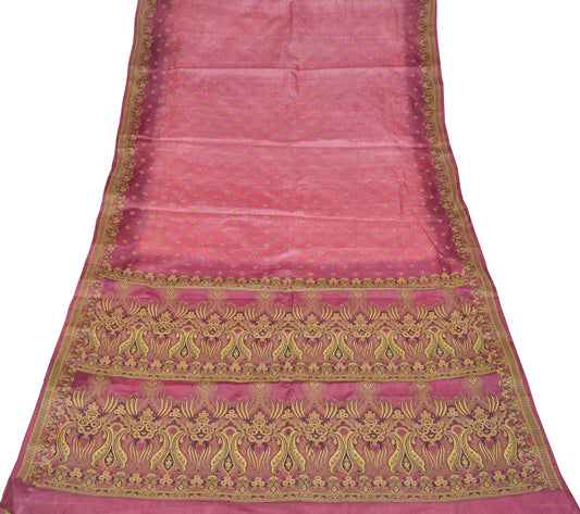 Sushila Vintage Pink Wine Saree Floral Woven Pure Tussar Silk Sari Fabric