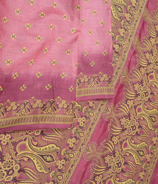 Sushila Vintage Pink Wine Saree Floral Woven Pure Tussar Silk Sari Fabric