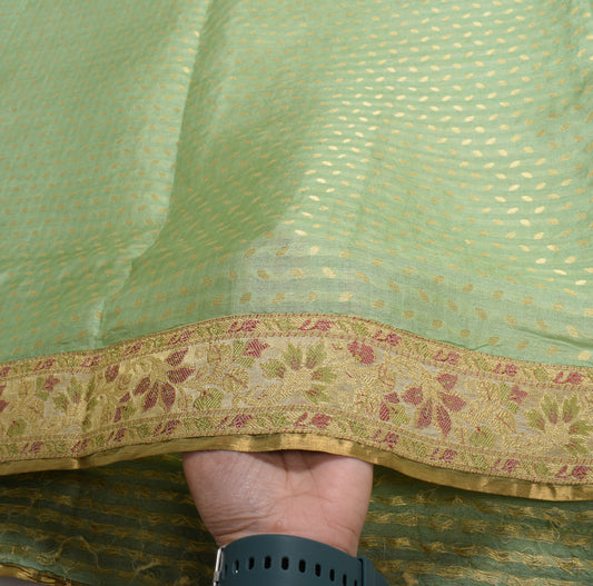 Sushila Vintage Green Pure Tussar Silk Saree Zari Brocade Sari Craft Fabric