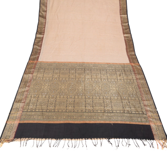 Sushila Vintage Beige Saree Pure Cotton Silk Checks Woven 6YD Sari Fabric